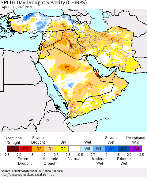 Middle East and Turkey SPI 10-Day Drought Severity (CHIRPS) Thematic Map For 4/6/2021 - 4/15/2021