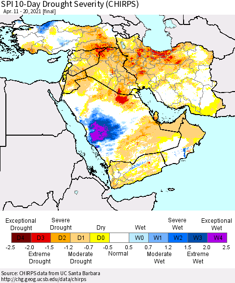 Middle East and Turkey SPI 10-Day Drought Severity (CHIRPS) Thematic Map For 4/11/2021 - 4/20/2021