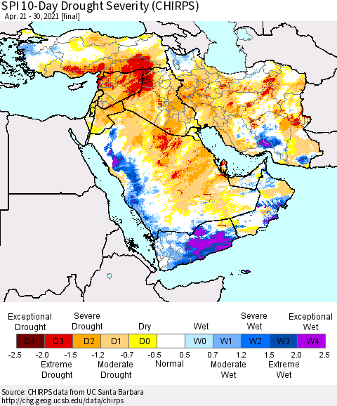 Middle East and Turkey SPI 10-Day Drought Severity (CHIRPS) Thematic Map For 4/21/2021 - 4/30/2021