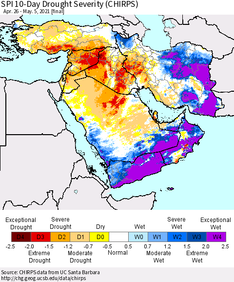 Middle East and Turkey SPI 10-Day Drought Severity (CHIRPS) Thematic Map For 4/26/2021 - 5/5/2021