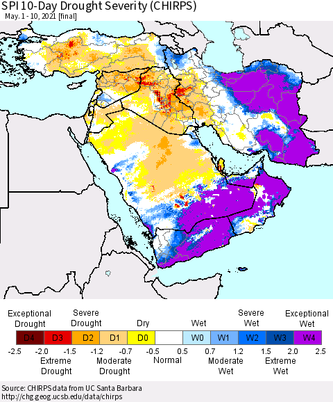Middle East and Turkey SPI 10-Day Drought Severity (CHIRPS) Thematic Map For 5/1/2021 - 5/10/2021