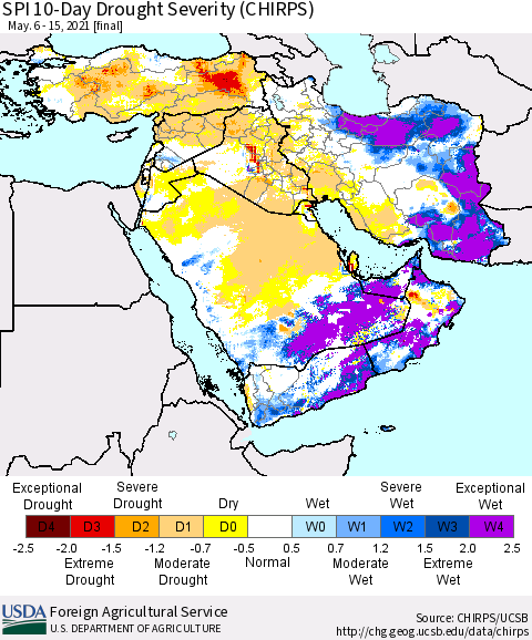 Middle East and Turkey SPI 10-Day Drought Severity (CHIRPS) Thematic Map For 5/6/2021 - 5/15/2021