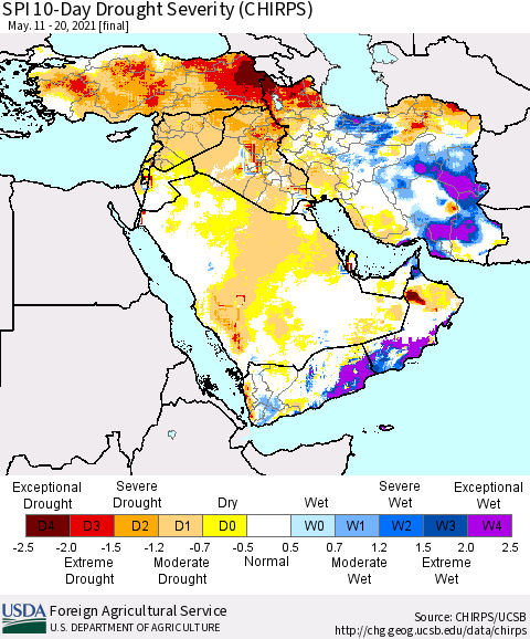 Middle East and Turkey SPI 10-Day Drought Severity (CHIRPS) Thematic Map For 5/11/2021 - 5/20/2021