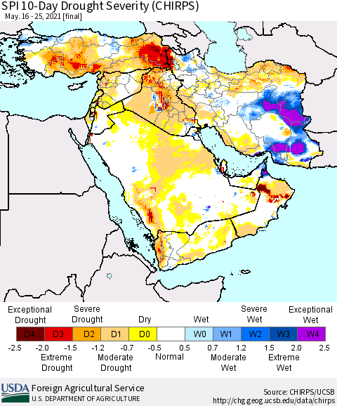Middle East and Turkey SPI 10-Day Drought Severity (CHIRPS) Thematic Map For 5/16/2021 - 5/25/2021