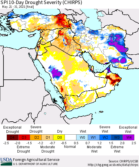 Middle East and Turkey SPI 10-Day Drought Severity (CHIRPS) Thematic Map For 5/21/2021 - 5/31/2021
