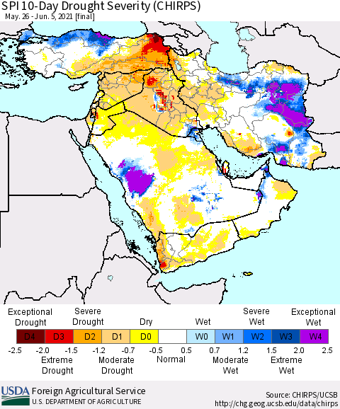 Middle East and Turkey SPI 10-Day Drought Severity (CHIRPS) Thematic Map For 5/26/2021 - 6/5/2021