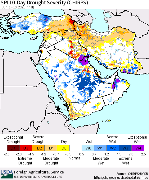 Middle East and Turkey SPI 10-Day Drought Severity (CHIRPS) Thematic Map For 6/1/2021 - 6/10/2021