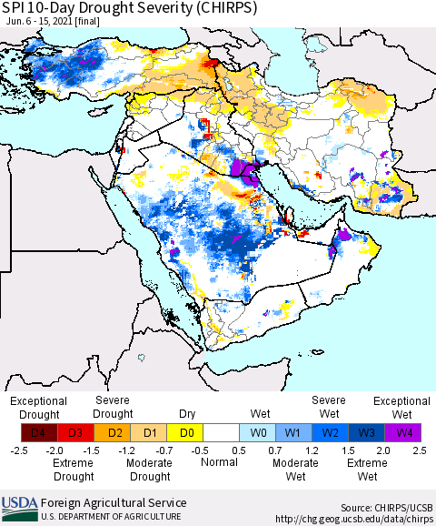 Middle East and Turkey SPI 10-Day Drought Severity (CHIRPS) Thematic Map For 6/6/2021 - 6/15/2021