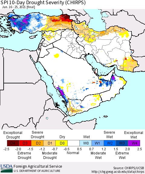 Middle East and Turkey SPI 10-Day Drought Severity (CHIRPS) Thematic Map For 6/16/2021 - 6/25/2021