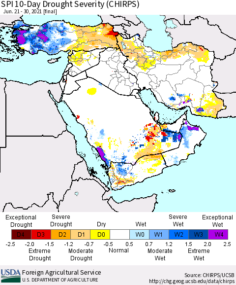 Middle East and Turkey SPI 10-Day Drought Severity (CHIRPS) Thematic Map For 6/21/2021 - 6/30/2021