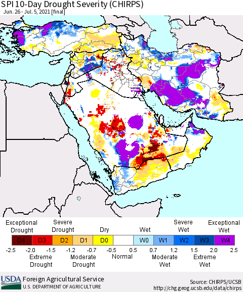 Middle East and Turkey SPI 10-Day Drought Severity (CHIRPS) Thematic Map For 6/26/2021 - 7/5/2021