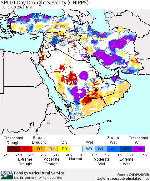 Middle East and Turkey SPI 10-Day Drought Severity (CHIRPS) Thematic Map For 7/1/2021 - 7/10/2021