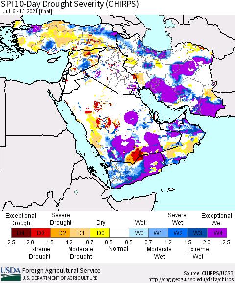 Middle East and Turkey SPI 10-Day Drought Severity (CHIRPS) Thematic Map For 7/6/2021 - 7/15/2021