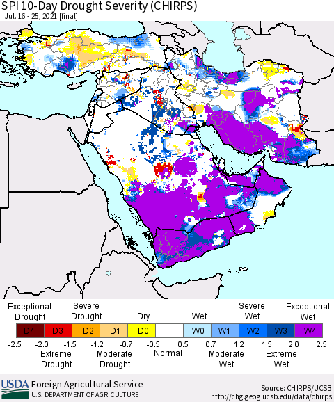 Middle East and Turkey SPI 10-Day Drought Severity (CHIRPS) Thematic Map For 7/16/2021 - 7/25/2021