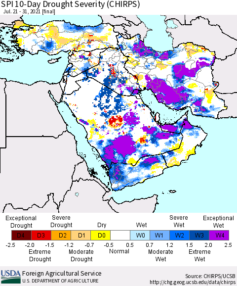 Middle East and Turkey SPI 10-Day Drought Severity (CHIRPS) Thematic Map For 7/21/2021 - 7/31/2021