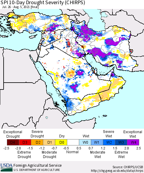 Middle East and Turkey SPI 10-Day Drought Severity (CHIRPS) Thematic Map For 7/26/2021 - 8/5/2021