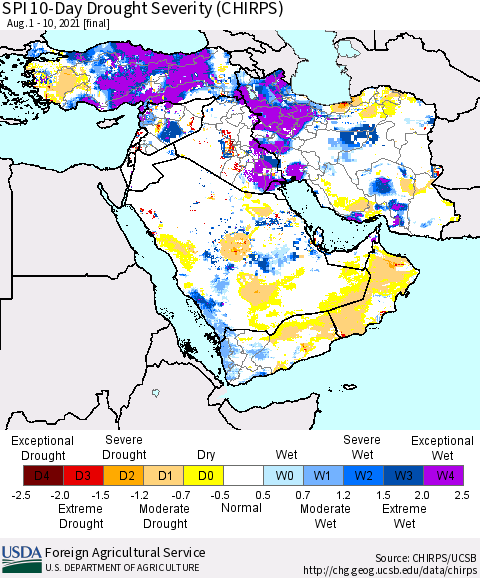 Middle East and Turkey SPI 10-Day Drought Severity (CHIRPS) Thematic Map For 8/1/2021 - 8/10/2021