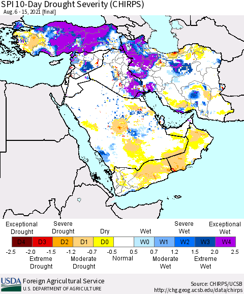 Middle East and Turkey SPI 10-Day Drought Severity (CHIRPS) Thematic Map For 8/6/2021 - 8/15/2021