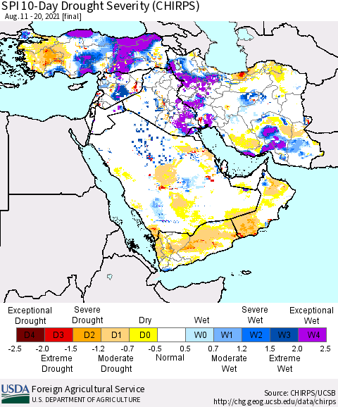 Middle East and Turkey SPI 10-Day Drought Severity (CHIRPS) Thematic Map For 8/11/2021 - 8/20/2021