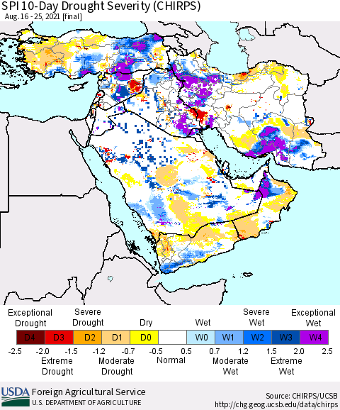 Middle East and Turkey SPI 10-Day Drought Severity (CHIRPS) Thematic Map For 8/16/2021 - 8/25/2021