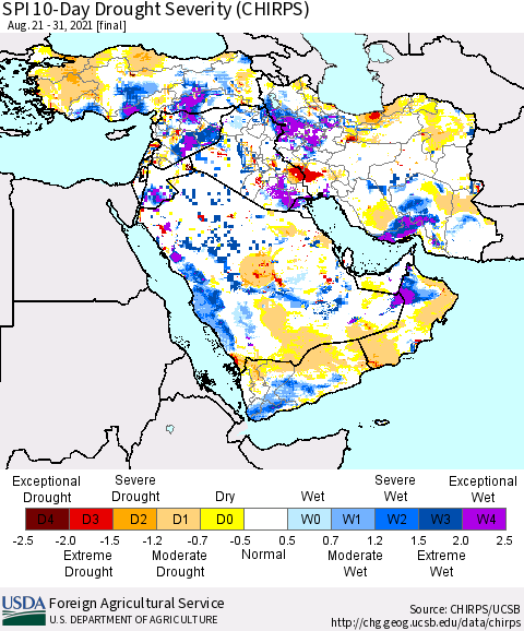 Middle East and Turkey SPI 10-Day Drought Severity (CHIRPS) Thematic Map For 8/21/2021 - 8/31/2021