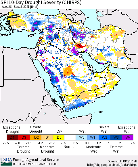 Middle East and Turkey SPI 10-Day Drought Severity (CHIRPS) Thematic Map For 8/26/2021 - 9/5/2021