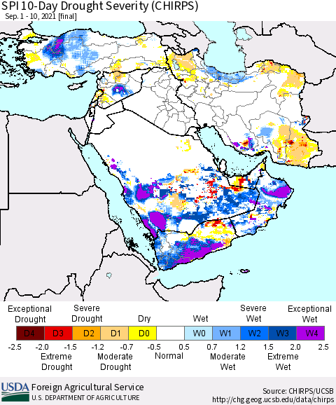 Middle East and Turkey SPI 10-Day Drought Severity (CHIRPS) Thematic Map For 9/1/2021 - 9/10/2021