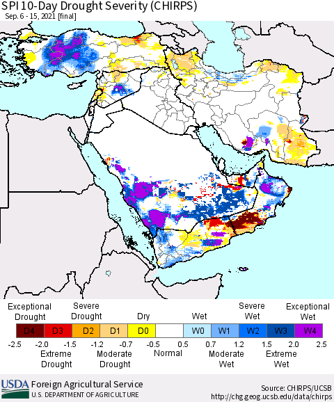 Middle East and Turkey SPI 10-Day Drought Severity (CHIRPS) Thematic Map For 9/6/2021 - 9/15/2021