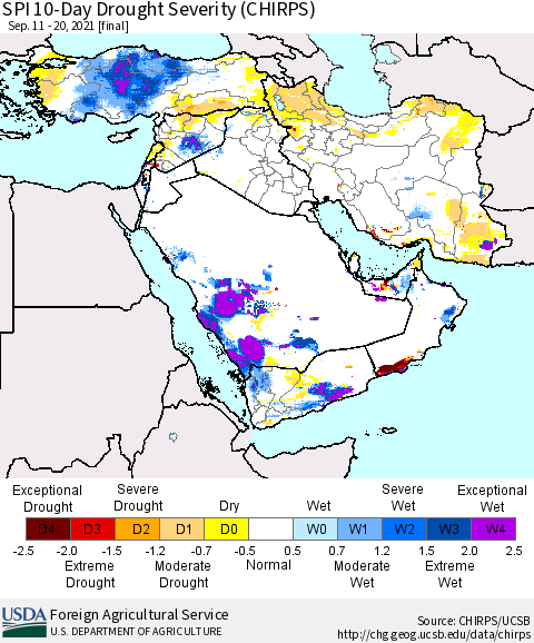 Middle East and Turkey SPI 10-Day Drought Severity (CHIRPS) Thematic Map For 9/11/2021 - 9/20/2021