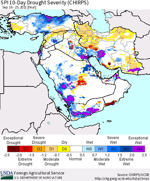 Middle East and Turkey SPI 10-Day Drought Severity (CHIRPS) Thematic Map For 9/16/2021 - 9/25/2021