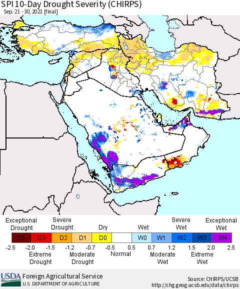 Middle East and Turkey SPI 10-Day Drought Severity (CHIRPS) Thematic Map For 9/21/2021 - 9/30/2021