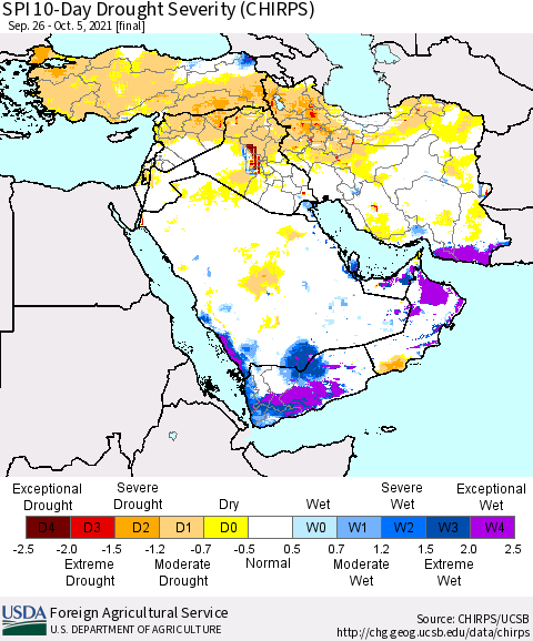 Middle East and Turkey SPI 10-Day Drought Severity (CHIRPS) Thematic Map For 9/26/2021 - 10/5/2021