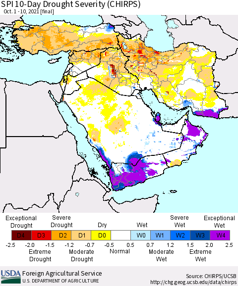 Middle East and Turkey SPI 10-Day Drought Severity (CHIRPS) Thematic Map For 10/1/2021 - 10/10/2021