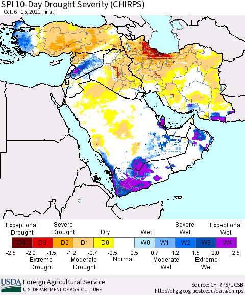 Middle East and Turkey SPI 10-Day Drought Severity (CHIRPS) Thematic Map For 10/6/2021 - 10/15/2021