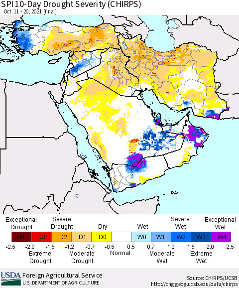 Middle East and Turkey SPI 10-Day Drought Severity (CHIRPS) Thematic Map For 10/11/2021 - 10/20/2021