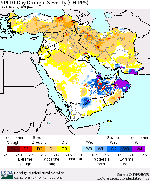 Middle East and Turkey SPI 10-Day Drought Severity (CHIRPS) Thematic Map For 10/16/2021 - 10/25/2021
