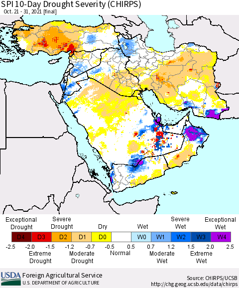 Middle East and Turkey SPI 10-Day Drought Severity (CHIRPS) Thematic Map For 10/21/2021 - 10/31/2021