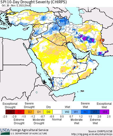 Middle East and Turkey SPI 10-Day Drought Severity (CHIRPS) Thematic Map For 10/26/2021 - 11/5/2021