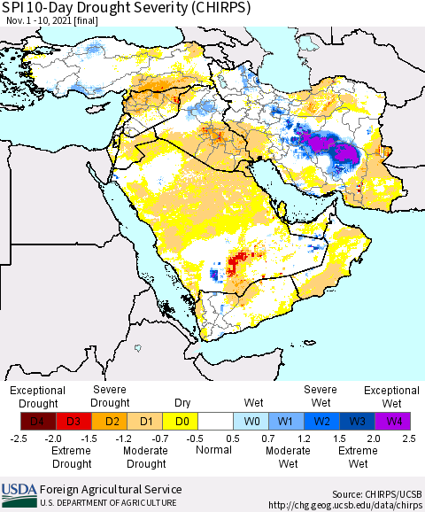 Middle East and Turkey SPI 10-Day Drought Severity (CHIRPS) Thematic Map For 11/1/2021 - 11/10/2021