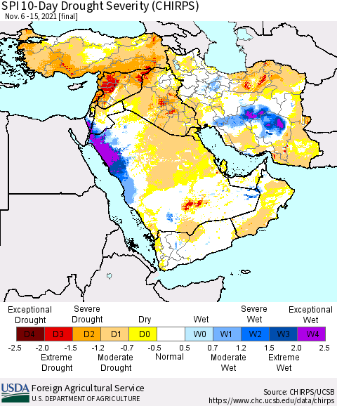 Middle East and Turkey SPI 10-Day Drought Severity (CHIRPS) Thematic Map For 11/6/2021 - 11/15/2021