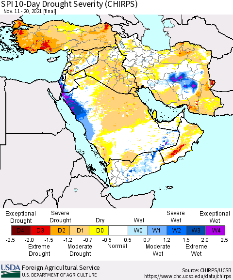 Middle East and Turkey SPI 10-Day Drought Severity (CHIRPS) Thematic Map For 11/11/2021 - 11/20/2021
