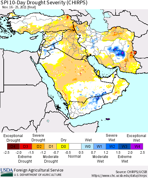 Middle East and Turkey SPI 10-Day Drought Severity (CHIRPS) Thematic Map For 11/16/2021 - 11/25/2021