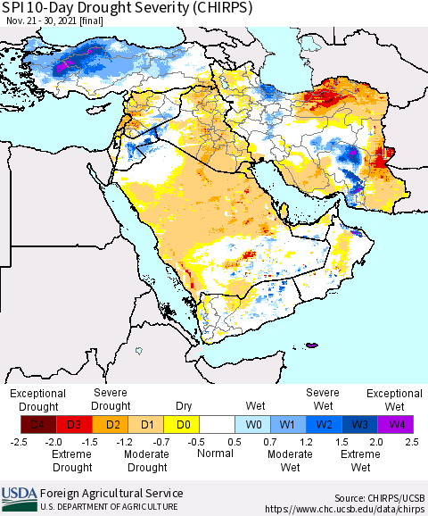 Middle East and Turkey SPI 10-Day Drought Severity (CHIRPS) Thematic Map For 11/21/2021 - 11/30/2021
