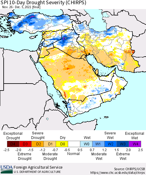 Middle East and Turkey SPI 10-Day Drought Severity (CHIRPS) Thematic Map For 11/26/2021 - 12/5/2021