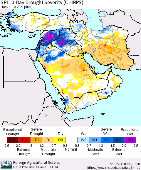 Middle East and Turkey SPI 10-Day Drought Severity (CHIRPS) Thematic Map For 12/1/2021 - 12/10/2021