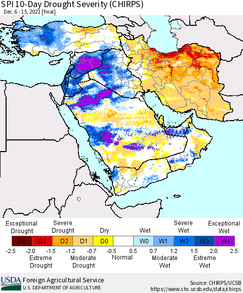 Middle East and Turkey SPI 10-Day Drought Severity (CHIRPS) Thematic Map For 12/6/2021 - 12/15/2021