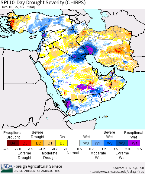 Middle East and Turkey SPI 10-Day Drought Severity (CHIRPS) Thematic Map For 12/16/2021 - 12/25/2021