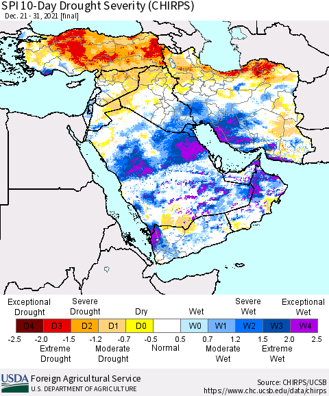 Middle East and Turkey SPI 10-Day Drought Severity (CHIRPS) Thematic Map For 12/21/2021 - 12/31/2021