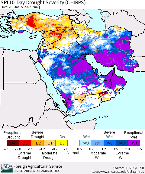Middle East and Turkey SPI 10-Day Drought Severity (CHIRPS) Thematic Map For 12/26/2021 - 1/5/2022