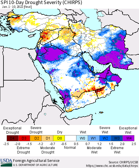 Middle East and Turkey SPI 10-Day Drought Severity (CHIRPS) Thematic Map For 1/1/2022 - 1/10/2022